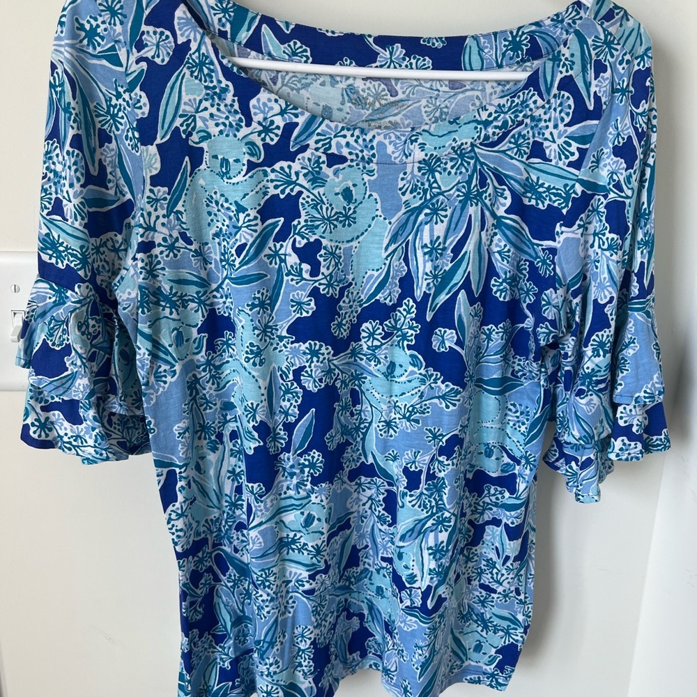 Lilly Pulitzer Blue Flutter Sleeve Blouse